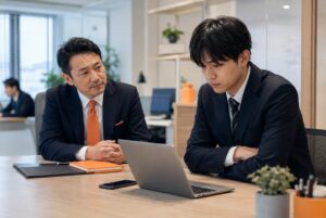 退職代行による突然の離職を防ぐため、上司が若手社員の不安や離職サインに向き合う中小企業の職場風景