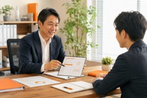 中小企業の社長と社員が人事評価の面談で対話している様子