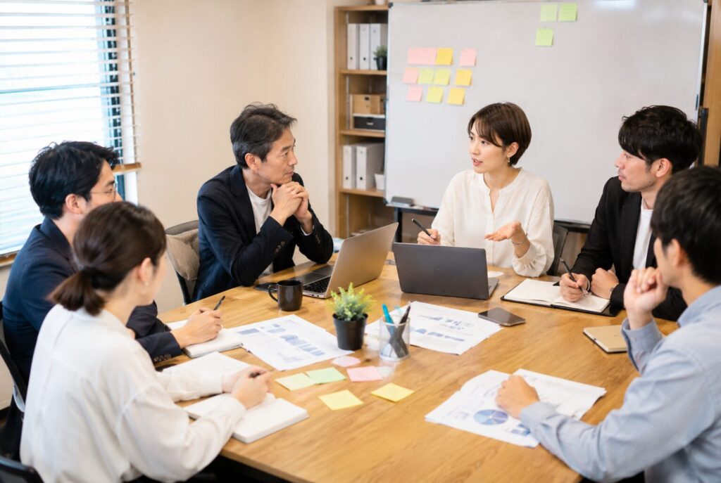 中小企業の社員が会議で意見を出し合いながら課題解決について話し合っている様子