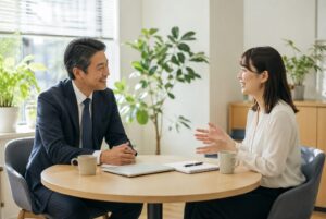 中小企業の上司と社員が1on1ミーティングで対話している様子