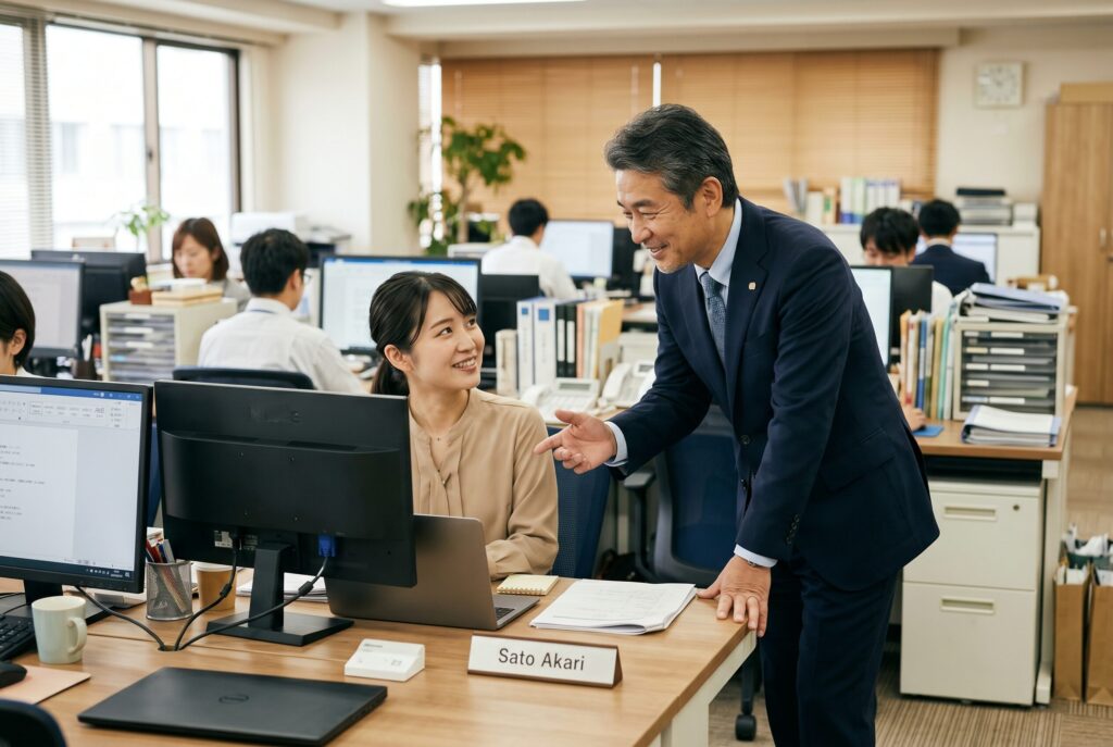 中小企業の上司が職場で社員に声をかけて承認している様子