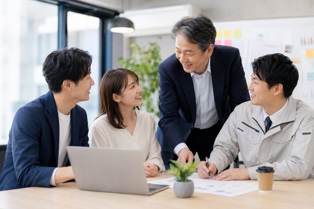 中小企業のベテラン社員と若手社員が笑顔で対話している様子