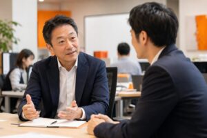 中小企業の社長と社員がキャリア不安や今後の働き方について対話している様子
