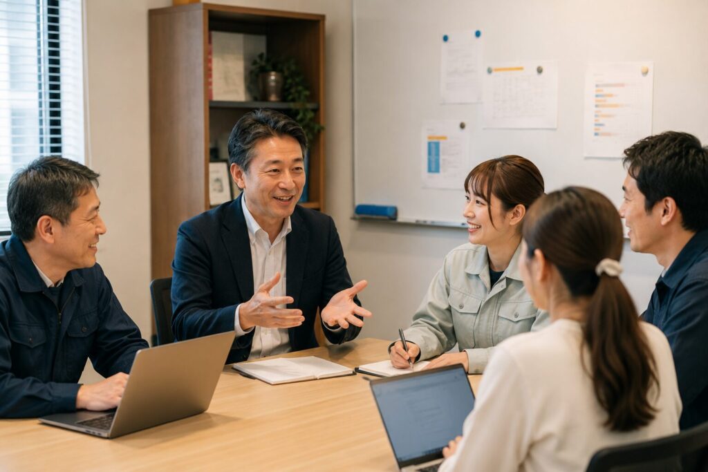 中小企業の社長が経営理念やビジョンを社員に共有している様子