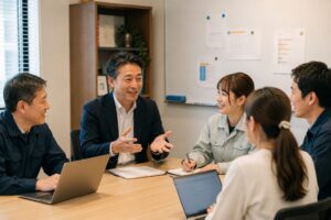 中小企業の社長が経営理念やビジョンを社員に共有している様子