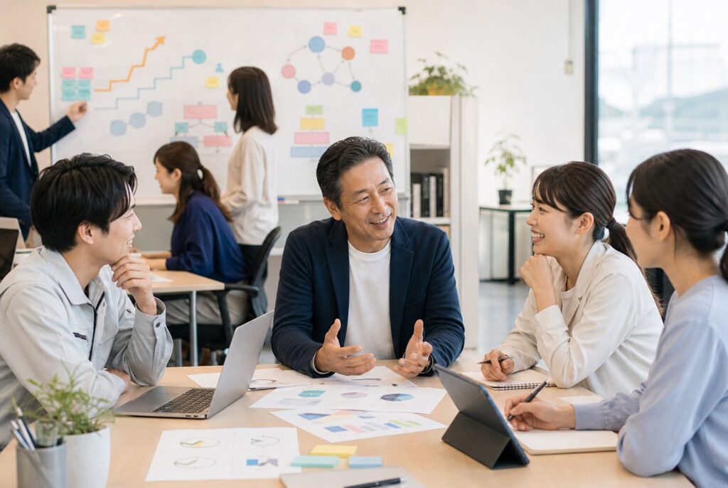 中小企業の社員がキャリアパスや成長の方向性について話し合っている様子