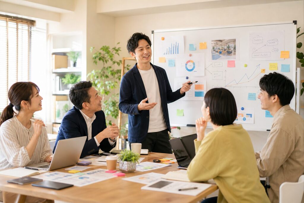 中小企業の社員が会議で意見を出し合いながら当事者意識を高めている様子