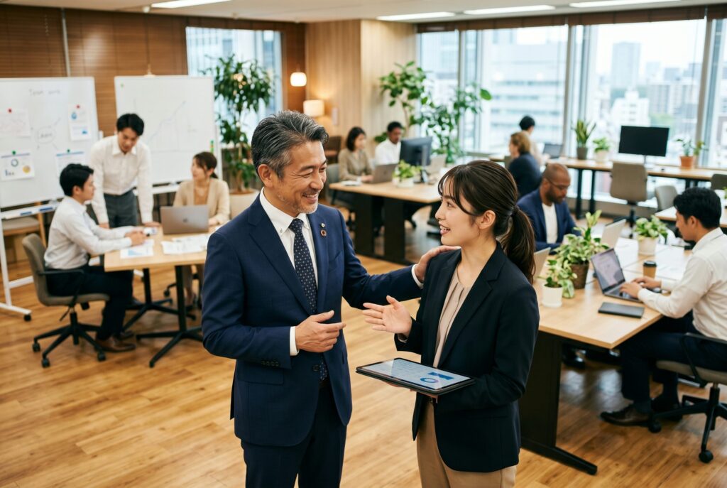 中小企業の社長が社員に仕事を任せながら成長を支援している様子
