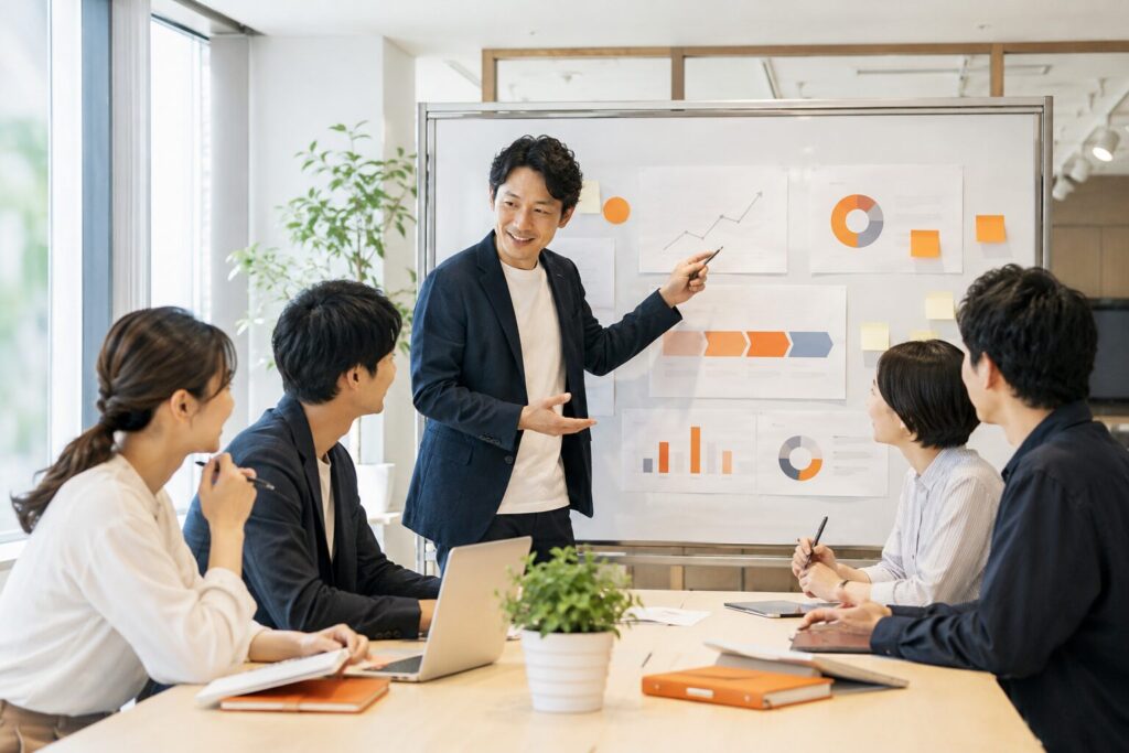 中小企業のチームが具体的な目標を確認しながら成果に向けて話し合っている様子